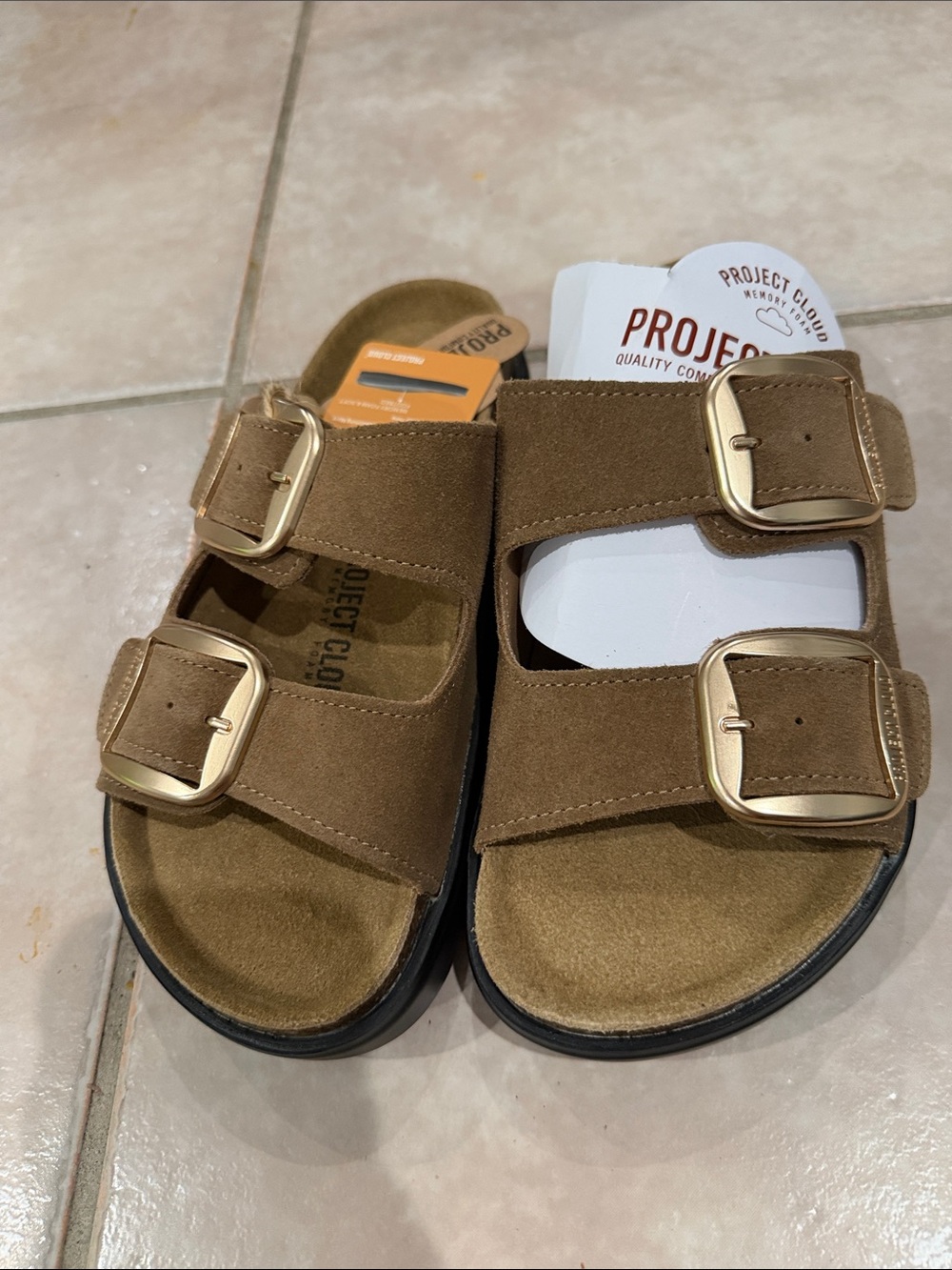 Project cloud woman’s Brown Double-Buckle Slide Sandals size 7 @@@